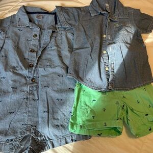 Children's Chambray Shirts and Green Shorts Set
